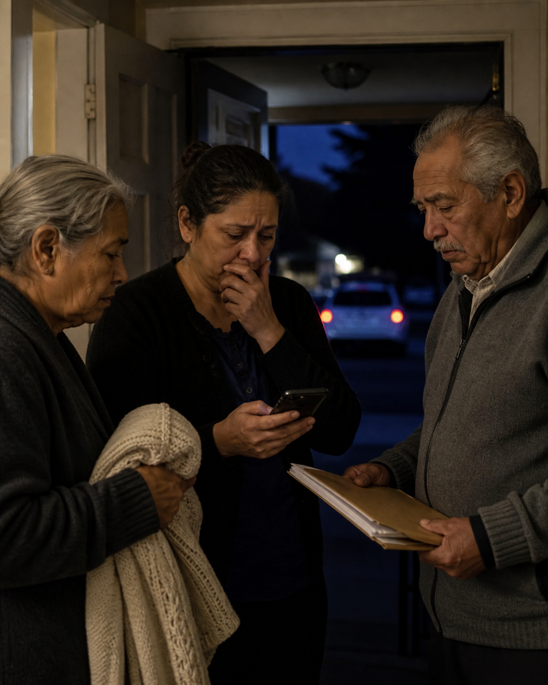 A worried family waits in a dim hallway