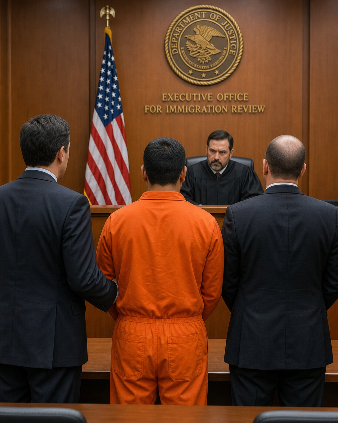 An immigration courtroom hearing with defendant and attorneys