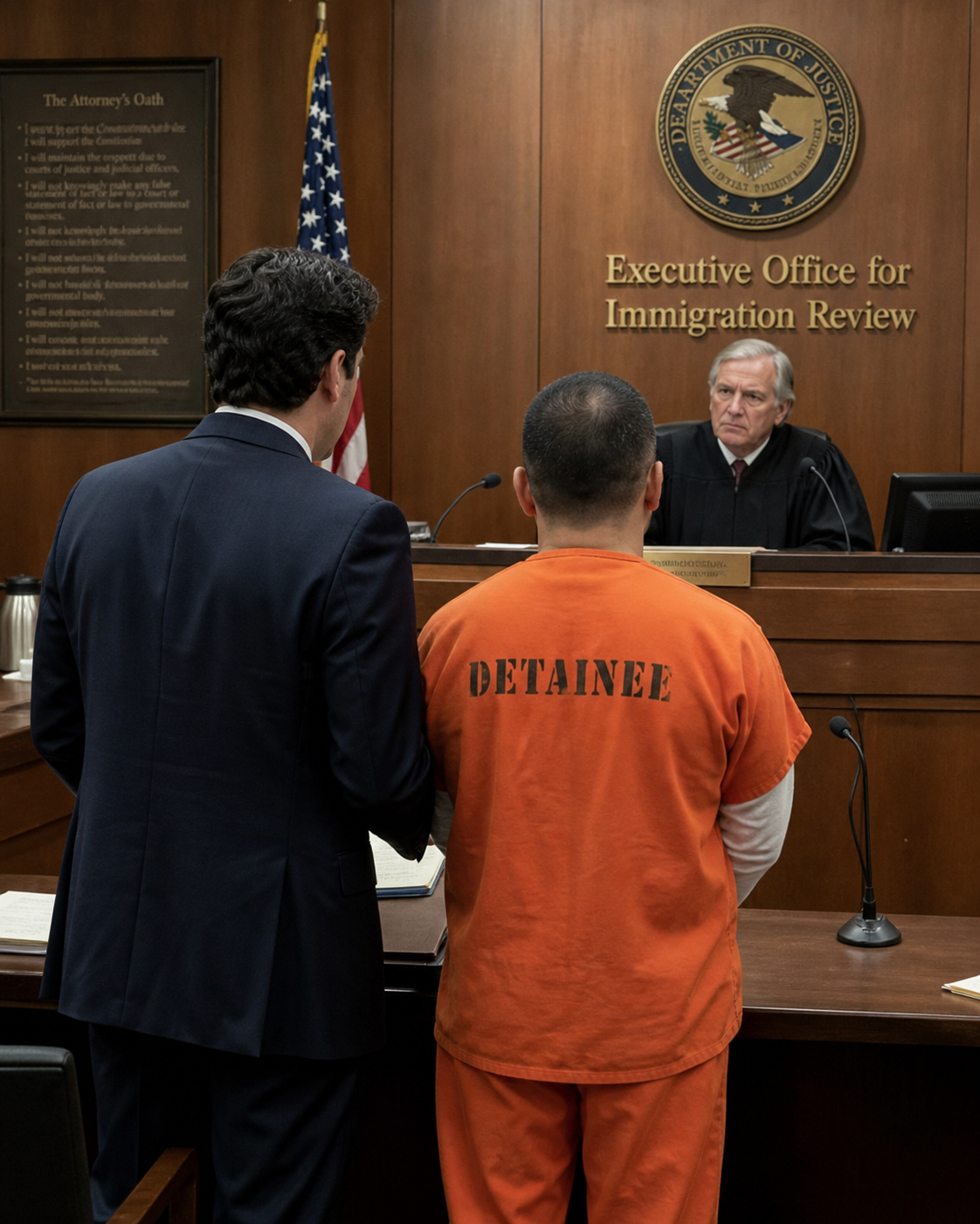 An immigration review courtroom proceeding