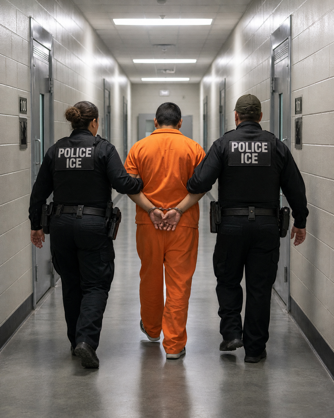 A detainee escorted through a stark institutional corridor