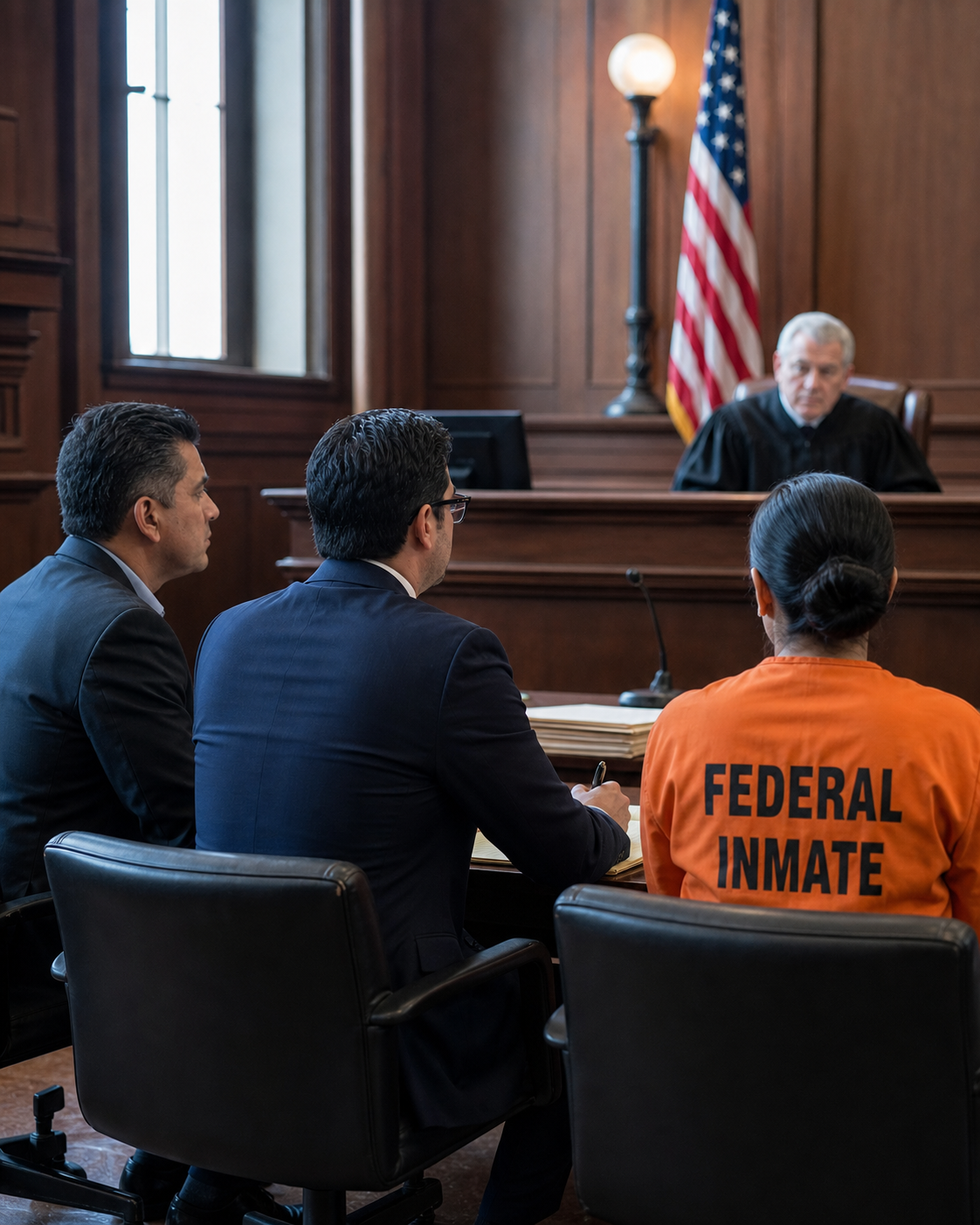 An immigration courtroom hearing, counsel before the judge