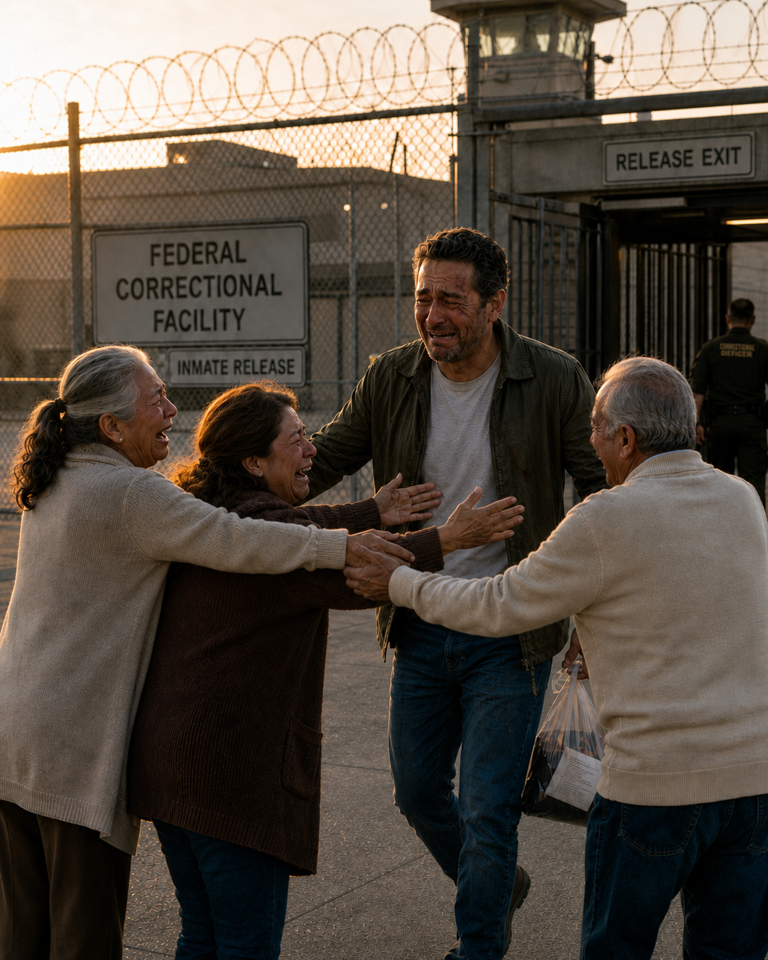 A family embrace in a warm golden-hour reunion